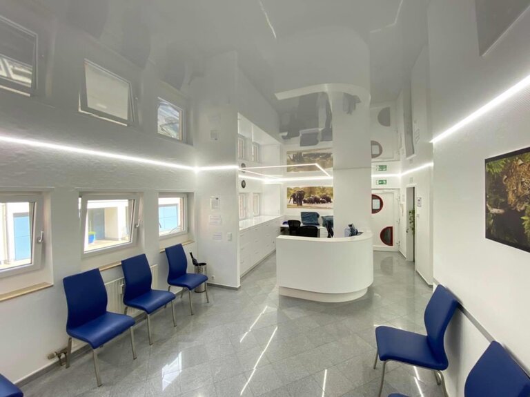 Praxis_Empfangsbereich_Lackspanndecke_LED_kaltweiss Spanndecke Lackspanndecke Zahnarztpraxis Empfang LED Kaltweiss Lichtleiste