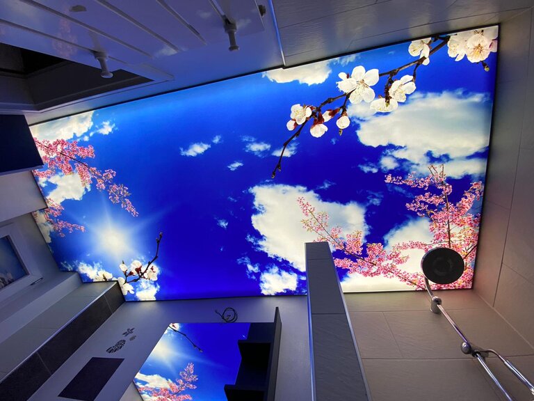 Lichtecke_Badezimmer_Kirschblueten_und_Himmel Lichtdecke Motiv Bad LED Spanndecke